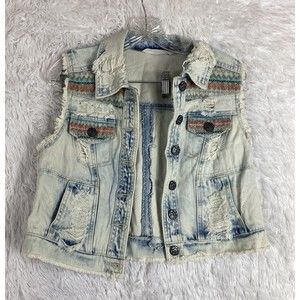Vanilla Star Women Blue Acid Wash Denim Vest Size L Embroidered NWT
